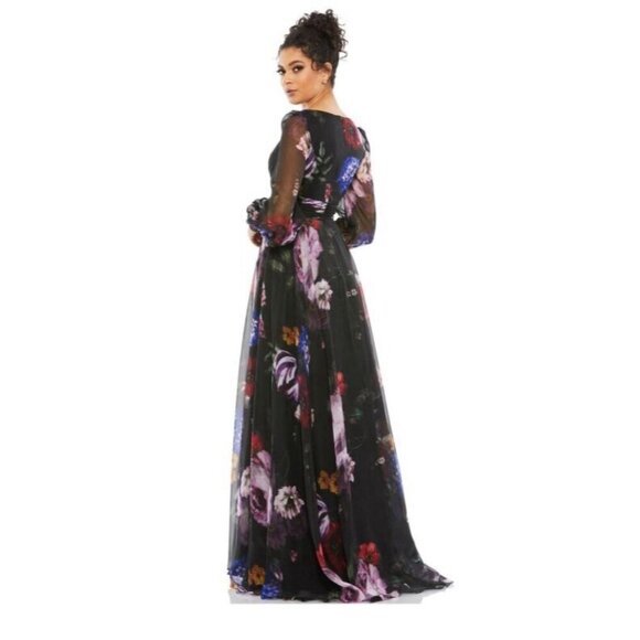 Mac Duggal Size 6 Black Floral 67872 Chiffon Long Sleeve Evening Gown Dress $598 - Picture 4 of 16